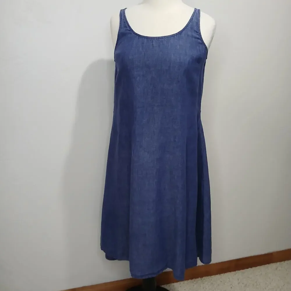 Eileen Fisher Linen Dress Size Small Blue Sleeveless Strappy Tie Waist Fit Flare - Picture 16 of 16